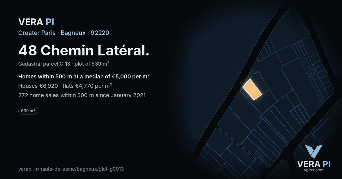 48 Chemin Latéral, Bagneux at night – the plot lit, the parcels around coloured by the prices near them
