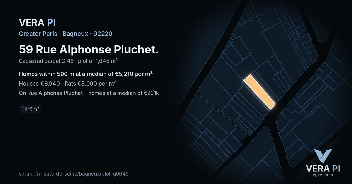 59 Rue Alphonse Pluchet, Bagneux at night – the plot lit, the parcels around coloured by the prices near them