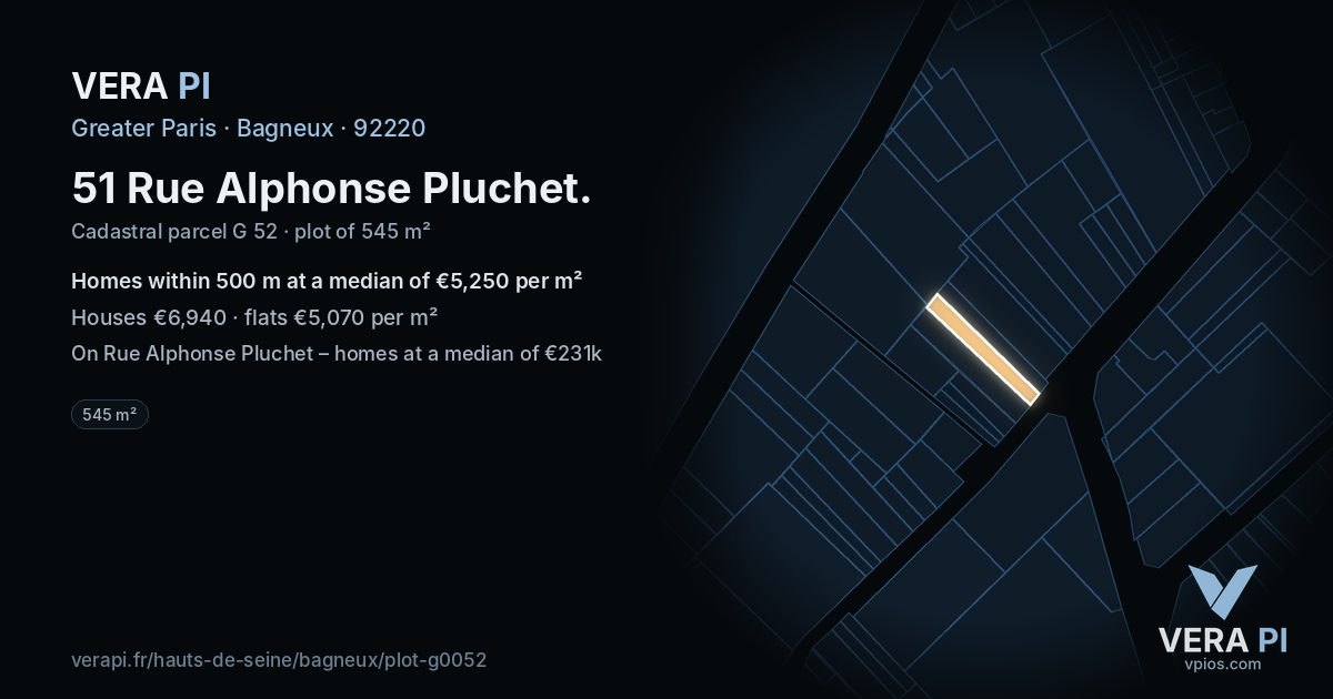 51 Rue Alphonse Pluchet, Bagneux at night – the plot lit, the parcels around coloured by the prices near them