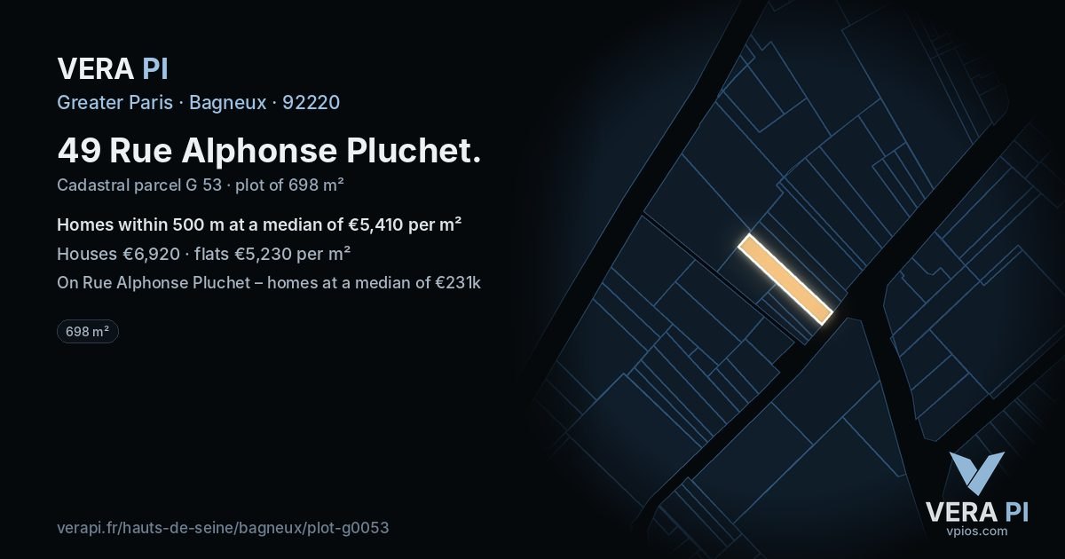 49 Rue Alphonse Pluchet, Bagneux at night – the plot lit, the parcels around coloured by the prices near them
