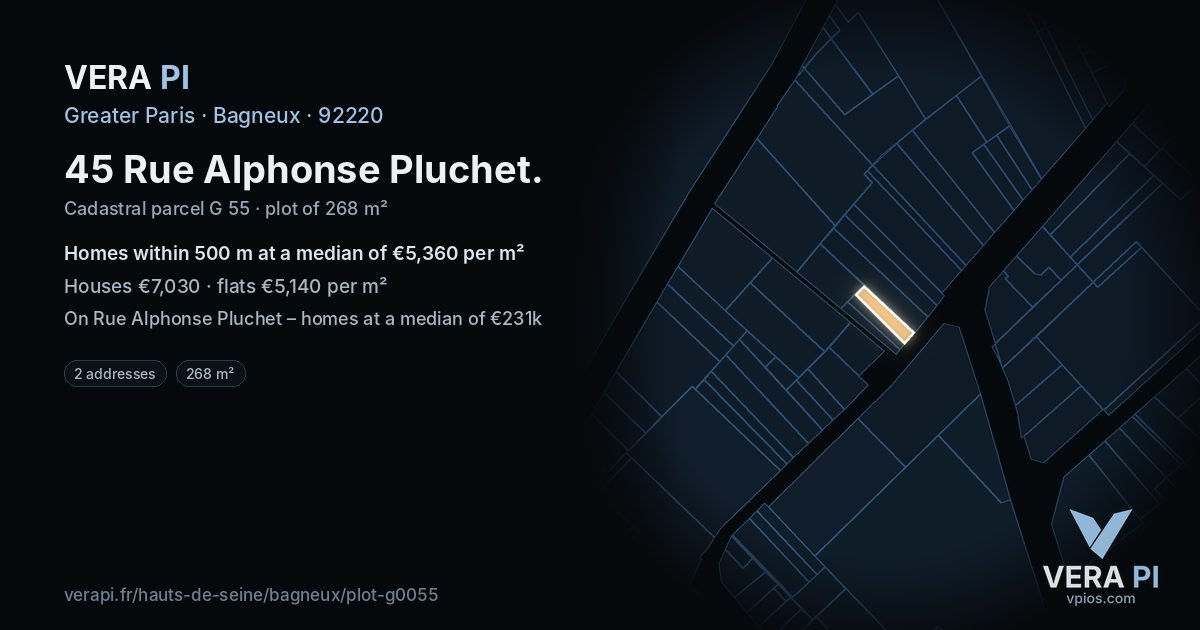 45 Rue Alphonse Pluchet, Bagneux at night – the plot lit, the parcels around coloured by the prices near them
