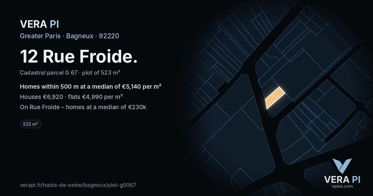 12 Rue Froide, Bagneux at night – the plot lit, the parcels around coloured by the prices near them