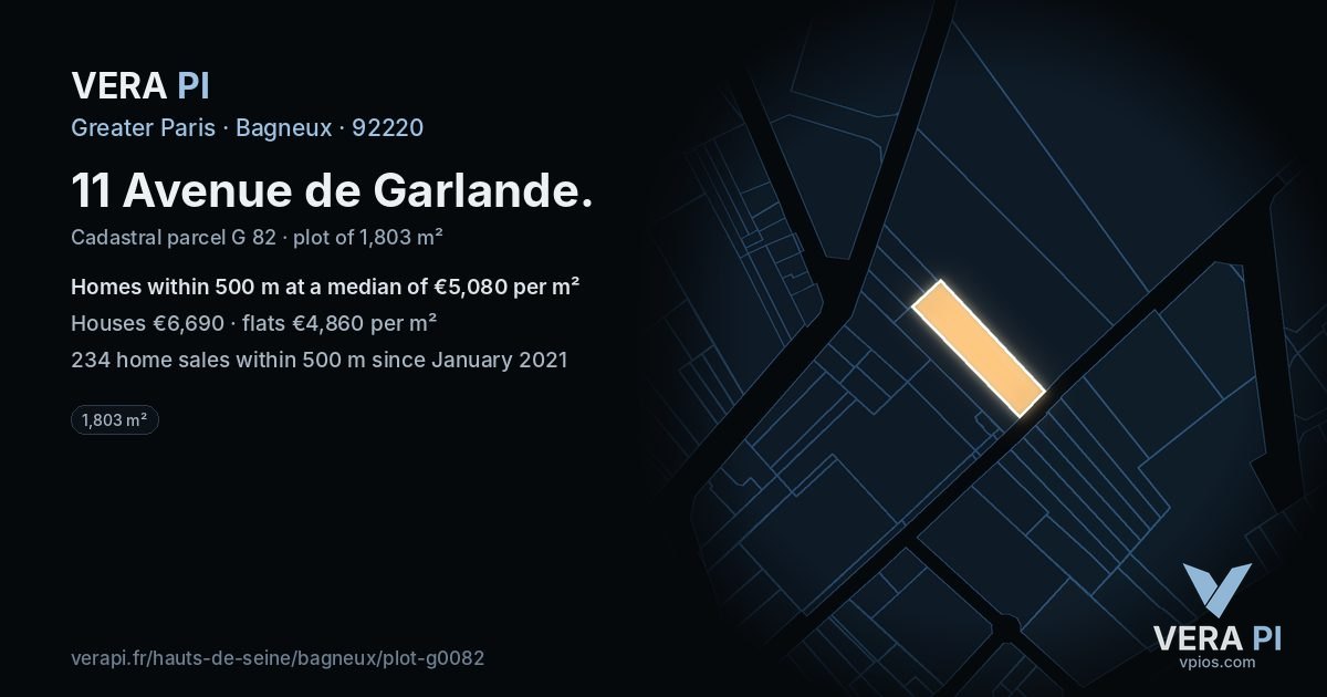 11 Avenue de Garlande, Bagneux at night – the plot lit, the parcels around coloured by the prices near them