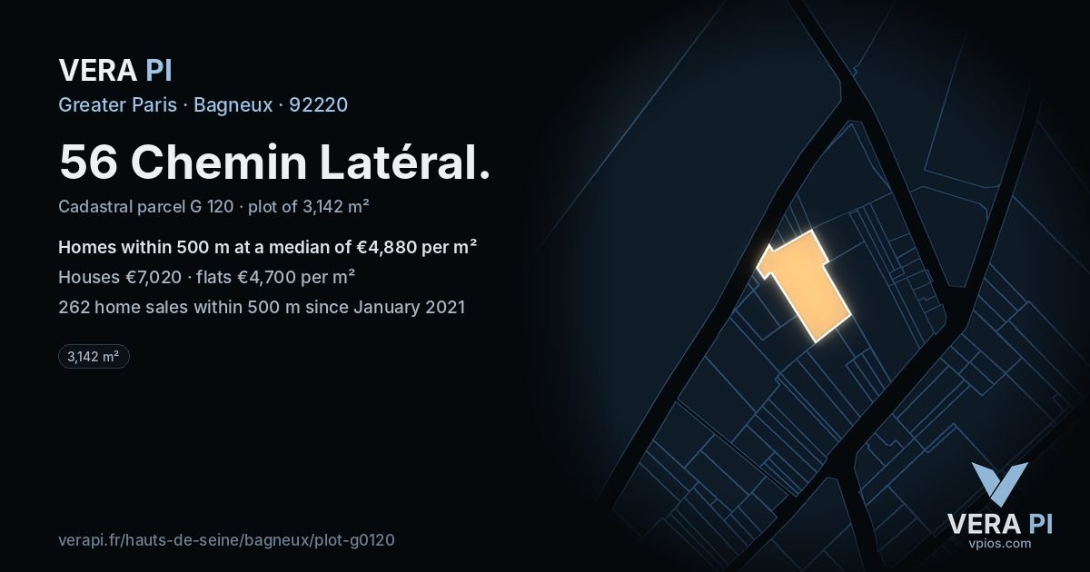 56 Chemin Latéral, Bagneux at night – the plot lit, the parcels around coloured by the prices near them