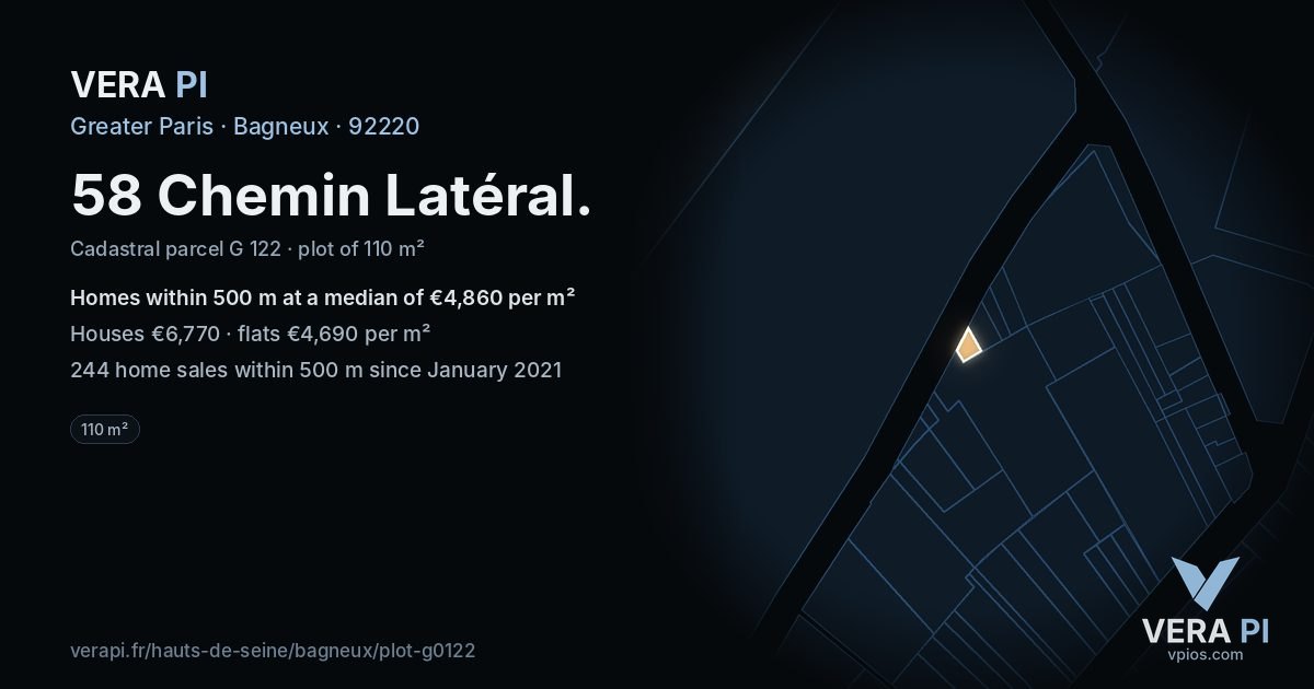 58 Chemin Latéral, Bagneux at night – the plot lit, the parcels around coloured by the prices near them