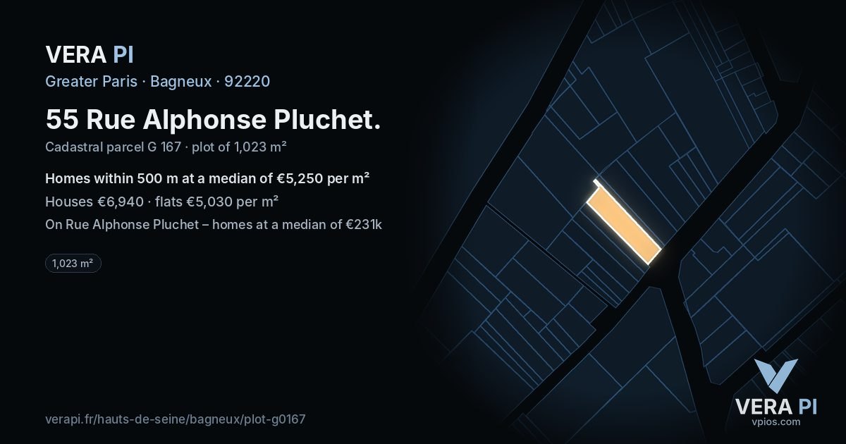55 Rue Alphonse Pluchet, Bagneux at night – the plot lit, the parcels around coloured by the prices near them