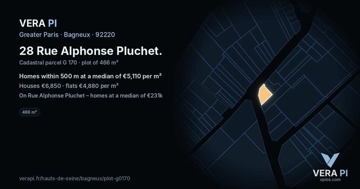 28 Rue Alphonse Pluchet, Bagneux at night – the plot lit, the parcels around coloured by the prices near them