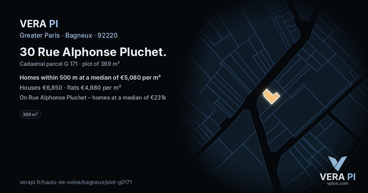 30 Rue Alphonse Pluchet, Bagneux at night – the plot lit, the parcels around coloured by the prices near them
