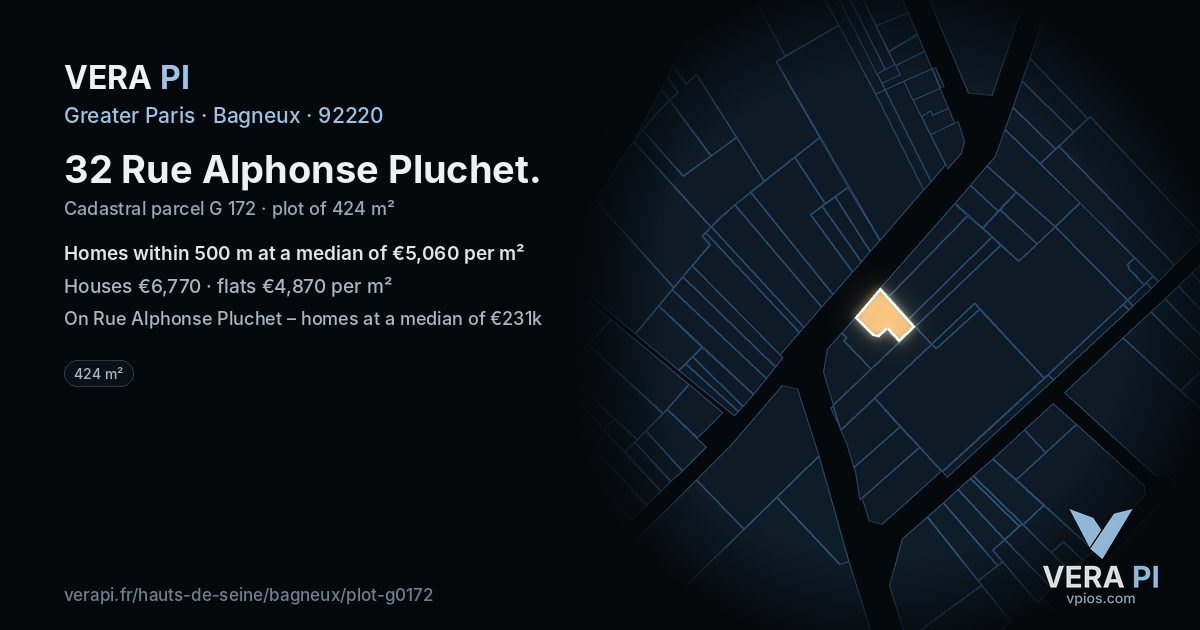 32 Rue Alphonse Pluchet, Bagneux at night – the plot lit, the parcels around coloured by the prices near them