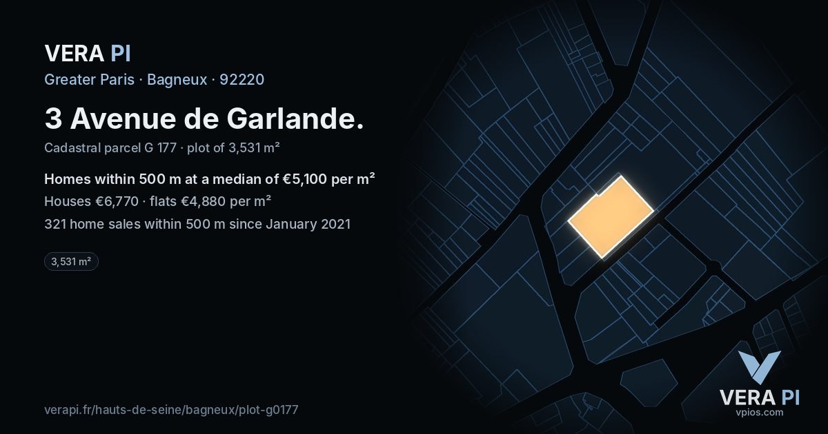 3 Avenue de Garlande, Bagneux at night – the plot lit, the parcels around coloured by the prices near them