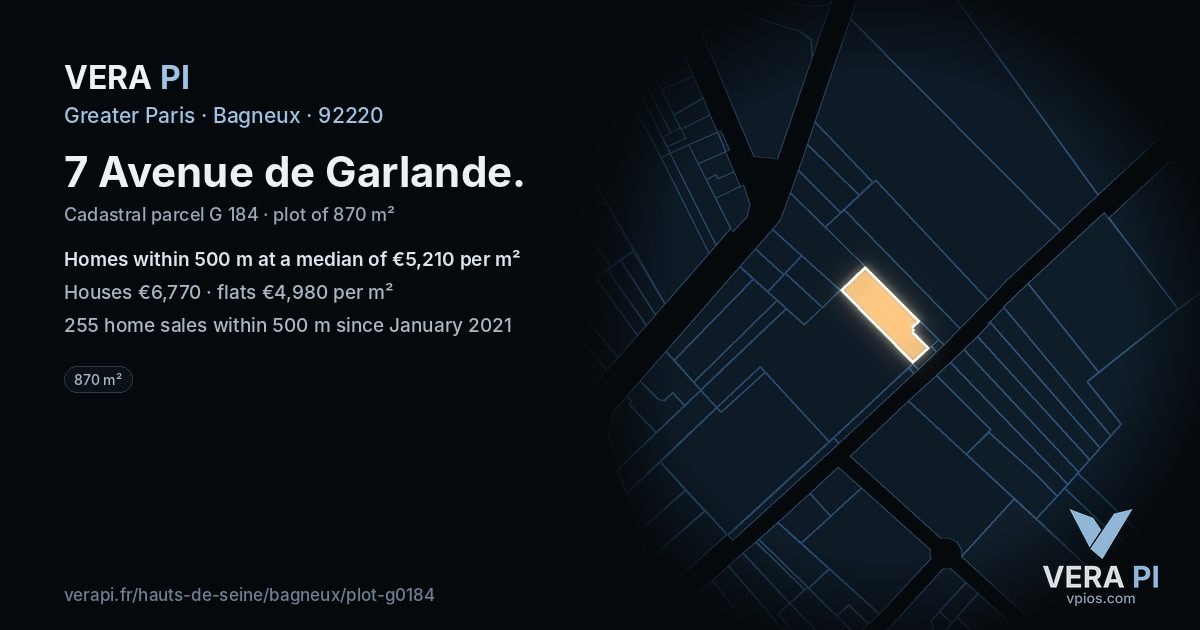 7 Avenue de Garlande, Bagneux at night – the plot lit, the parcels around coloured by the prices near them
