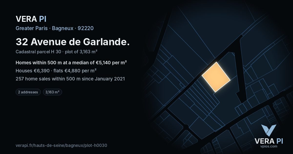 32 Avenue de Garlande, Bagneux at night – the plot lit, the parcels around coloured by the prices near them