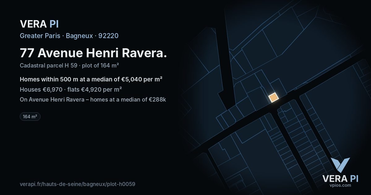 77 Avenue Henri Ravera, Bagneux at night – the plot lit, the parcels around coloured by the prices near them