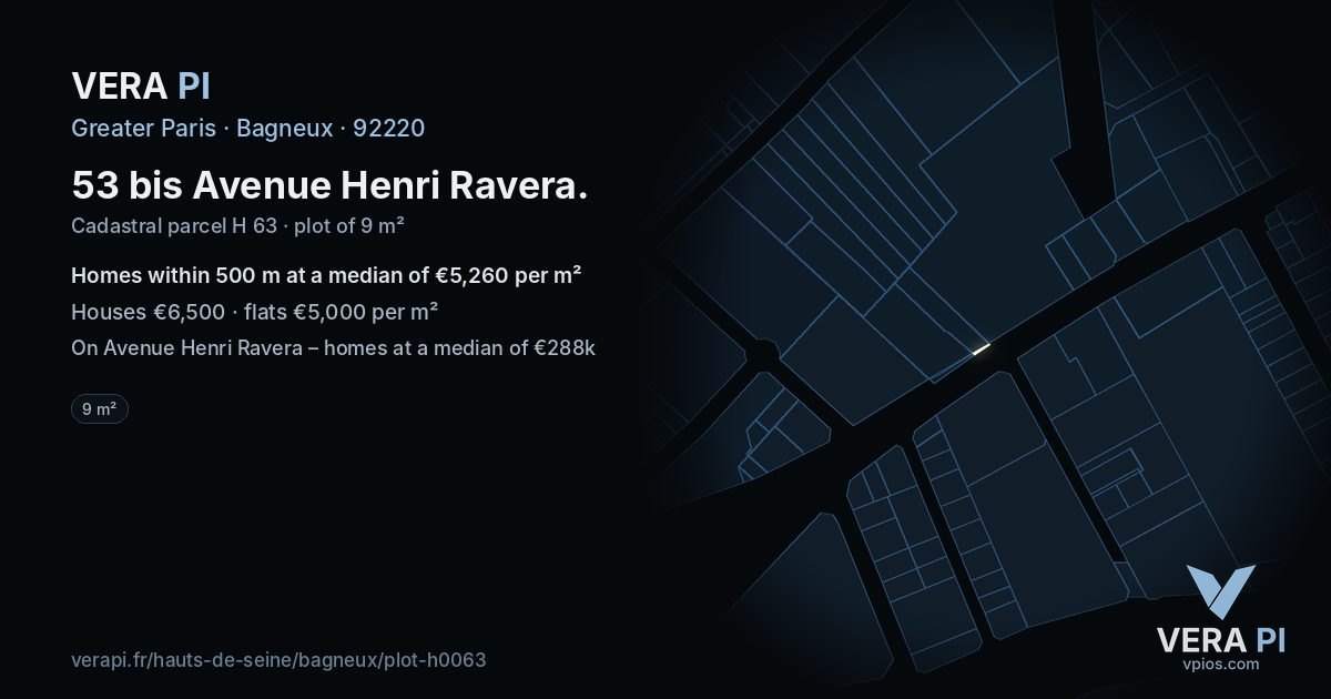 53 bis Avenue Henri Ravera, Bagneux at night – the plot lit, the parcels around coloured by the prices near them