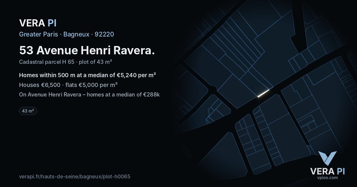 53 Avenue Henri Ravera, Bagneux at night – the plot lit, the parcels around coloured by the prices near them