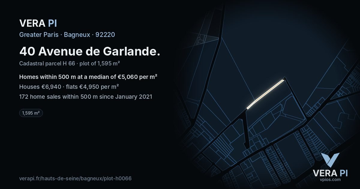 40 Avenue de Garlande, Bagneux at night – the plot lit, the parcels around coloured by the prices near them