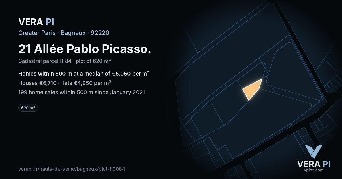 21 Allée Pablo Picasso, Bagneux at night – the plot lit, the parcels around coloured by the prices near them