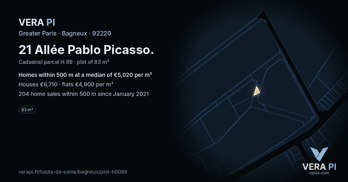 21 Allée Pablo Picasso, Bagneux at night – the plot lit, the parcels around coloured by the prices near them