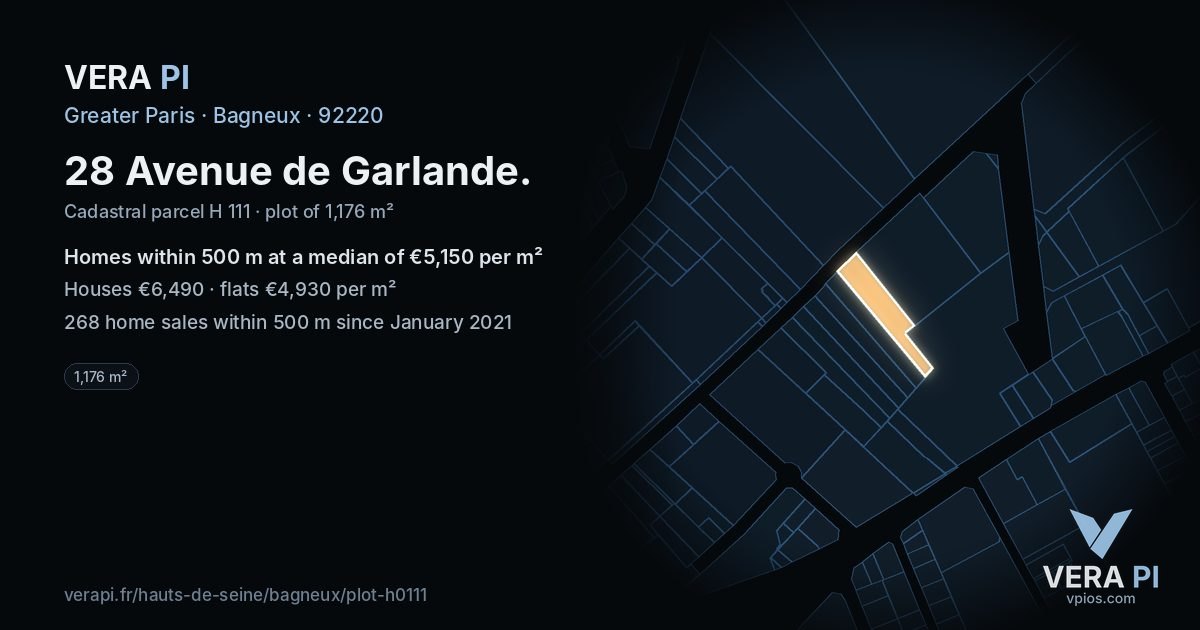 28 Avenue de Garlande, Bagneux at night – the plot lit, the parcels around coloured by the prices near them