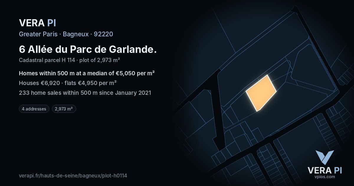 6 Allée du Parc de Garlande, Bagneux at night – the plot lit, the parcels around coloured by the prices near them