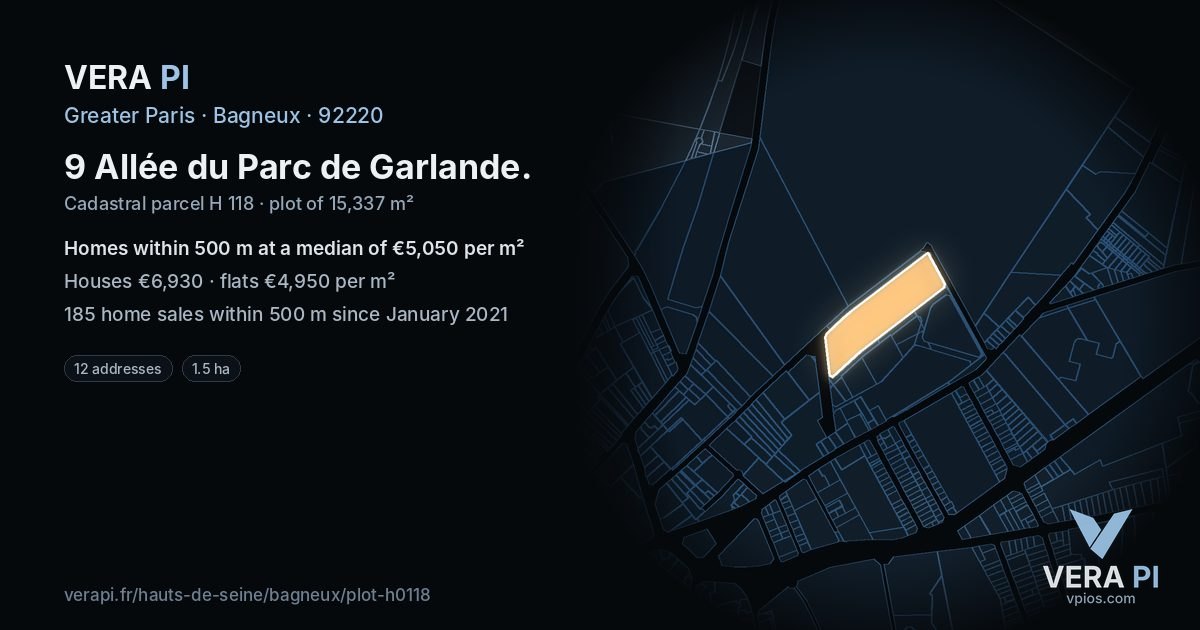 9 Allée du Parc de Garlande, Bagneux at night – the plot lit, the parcels around coloured by the prices near them