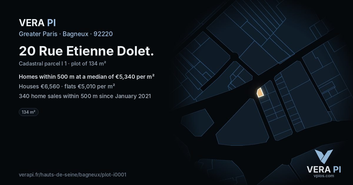 20 Rue Etienne Dolet, Bagneux at night – the plot lit, the parcels around coloured by the prices near them