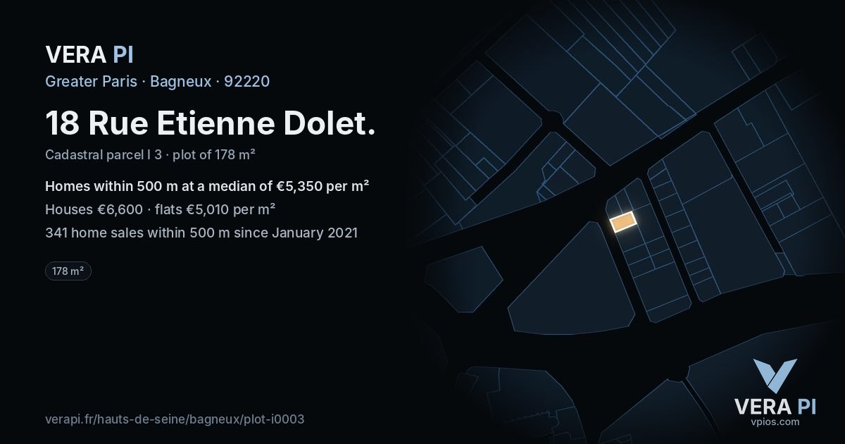 18 Rue Etienne Dolet, Bagneux at night – the plot lit, the parcels around coloured by the prices near them