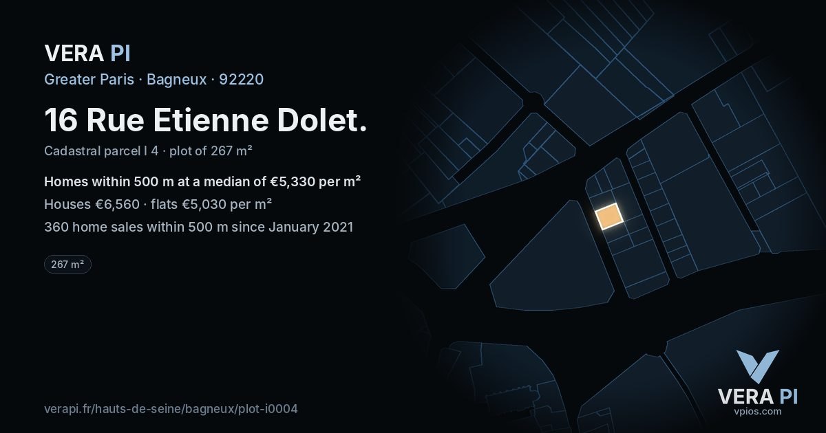16 Rue Etienne Dolet, Bagneux at night – the plot lit, the parcels around coloured by the prices near them