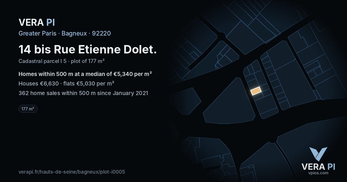 14 bis Rue Etienne Dolet, Bagneux at night – the plot lit, the parcels around coloured by the prices near them