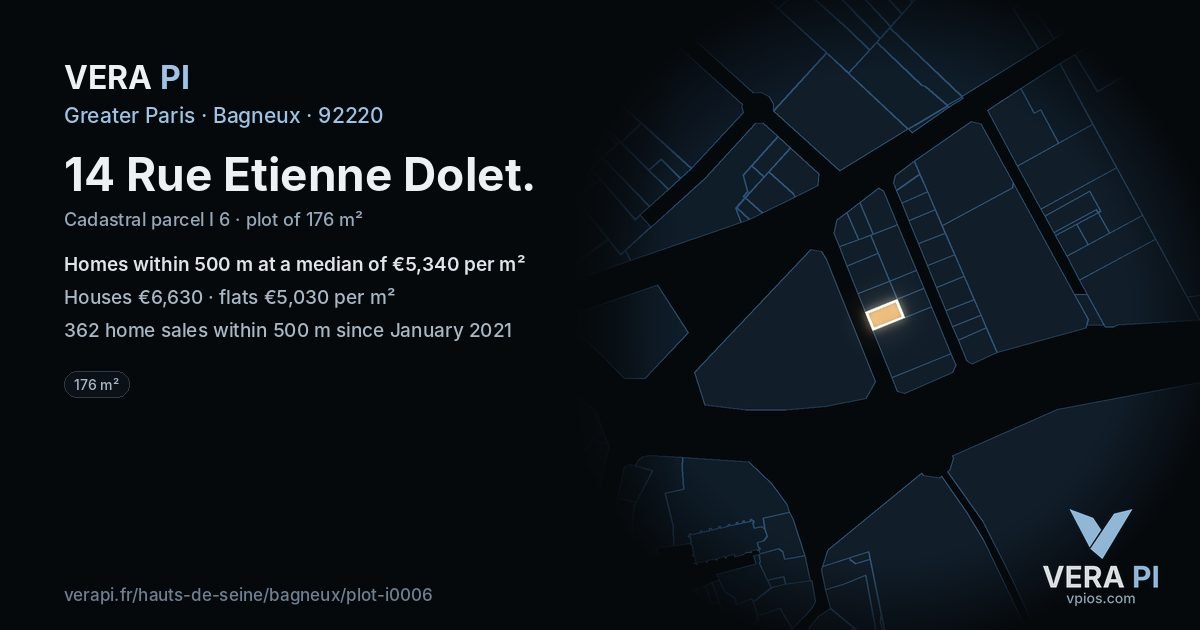 14 Rue Etienne Dolet, Bagneux at night – the plot lit, the parcels around coloured by the prices near them