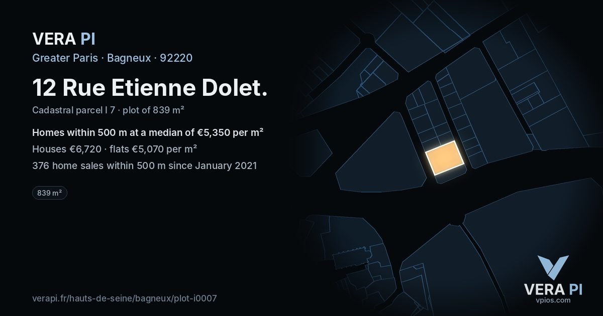 12 Rue Etienne Dolet, Bagneux at night – the plot lit, the parcels around coloured by the prices near them