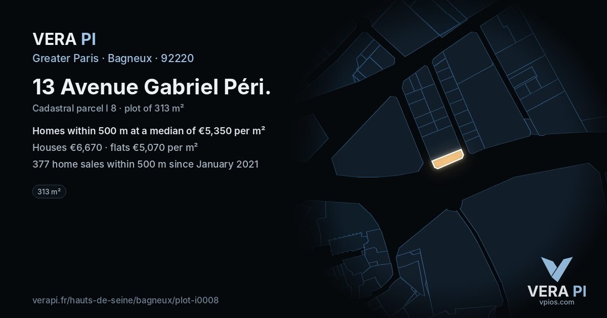 13 Avenue Gabriel Péri, Bagneux at night – the plot lit, the parcels around coloured by the prices near them