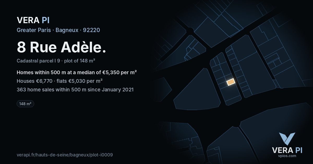 8 Rue Adèle, Bagneux at night – the plot lit, the parcels around coloured by the prices near them