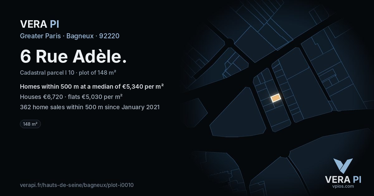 6 Rue Adèle, Bagneux at night – the plot lit, the parcels around coloured by the prices near them