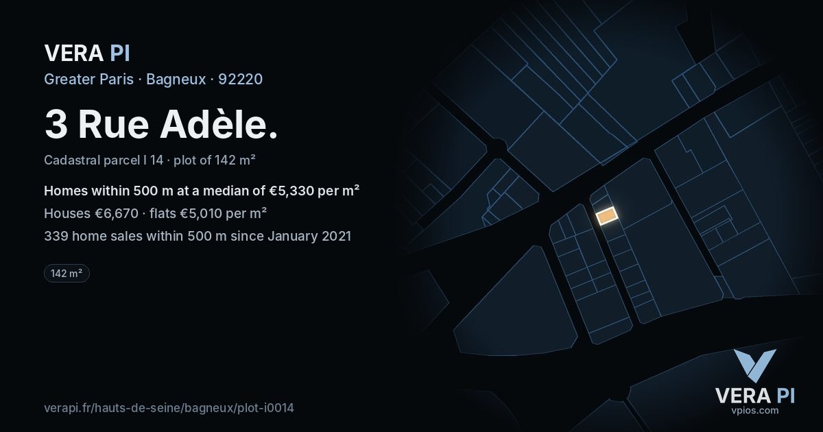 3 Rue Adèle, Bagneux at night – the plot lit, the parcels around coloured by the prices near them
