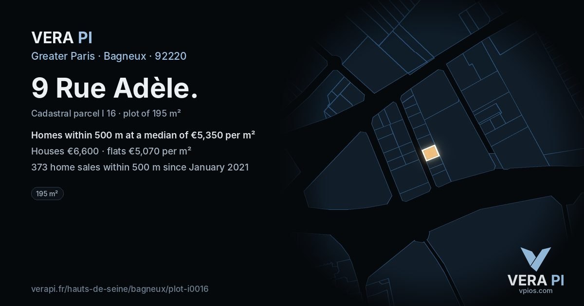 9 Rue Adèle, Bagneux at night – the plot lit, the parcels around coloured by the prices near them