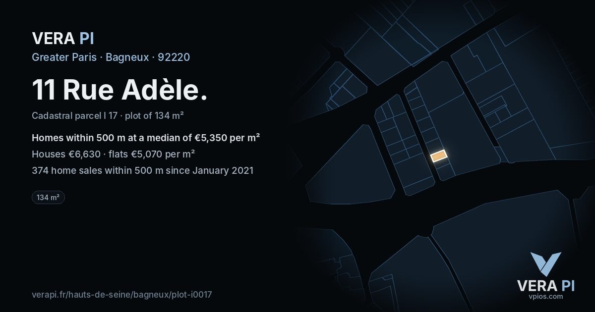 11 Rue Adèle, Bagneux at night – the plot lit, the parcels around coloured by the prices near them