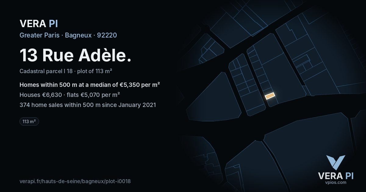 13 Rue Adèle, Bagneux at night – the plot lit, the parcels around coloured by the prices near them