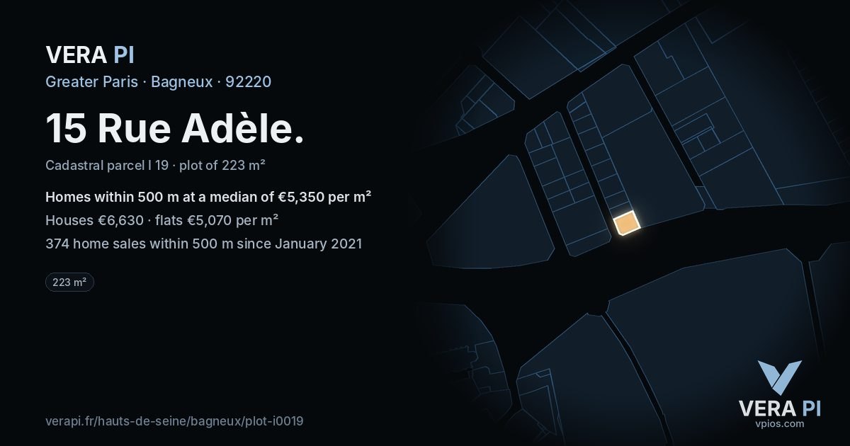 15 Rue Adèle, Bagneux at night – the plot lit, the parcels around coloured by the prices near them