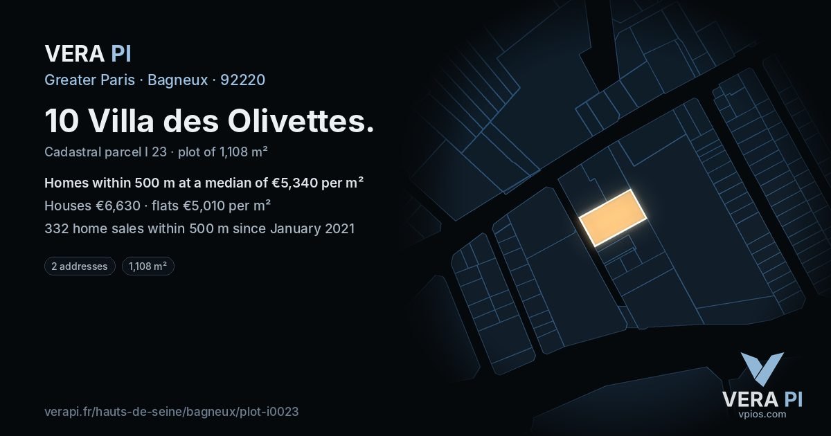 10 Villa des Olivettes, Bagneux at night – the plot lit, the parcels around coloured by the prices near them