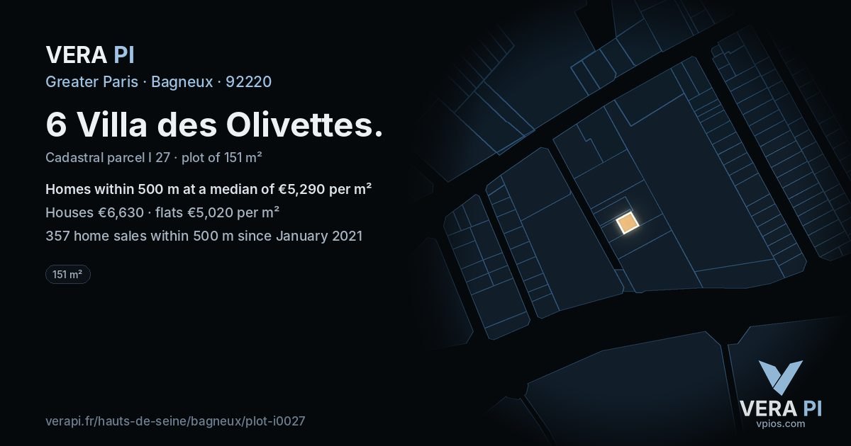 6 Villa des Olivettes, Bagneux at night – the plot lit, the parcels around coloured by the prices near them
