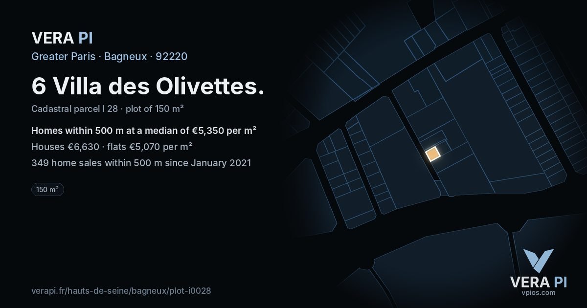 6 Villa des Olivettes, Bagneux at night – the plot lit, the parcels around coloured by the prices near them