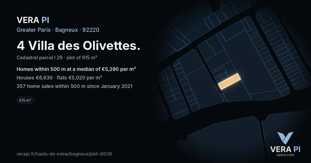 4 Villa des Olivettes, Bagneux at night – the plot lit, the parcels around coloured by the prices near them
