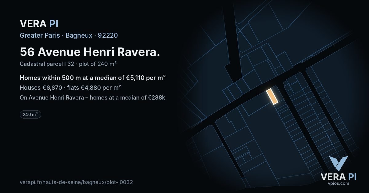 56 Avenue Henri Ravera, Bagneux at night – the plot lit, the parcels around coloured by the prices near them