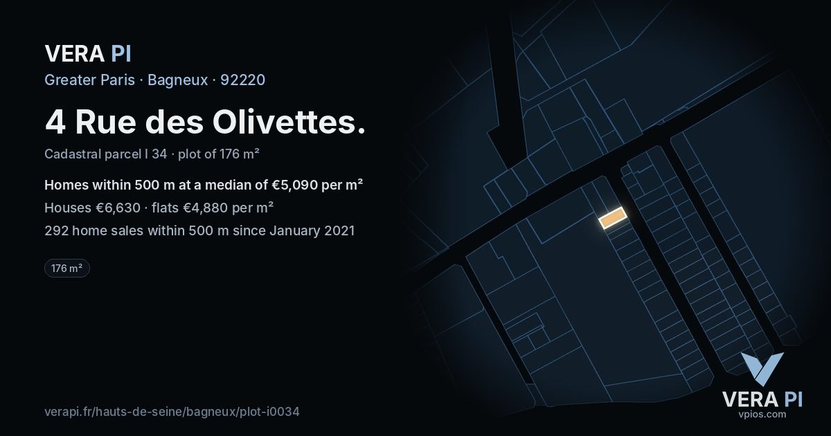 4 Rue des Olivettes, Bagneux at night – the plot lit, the parcels around coloured by the prices near them