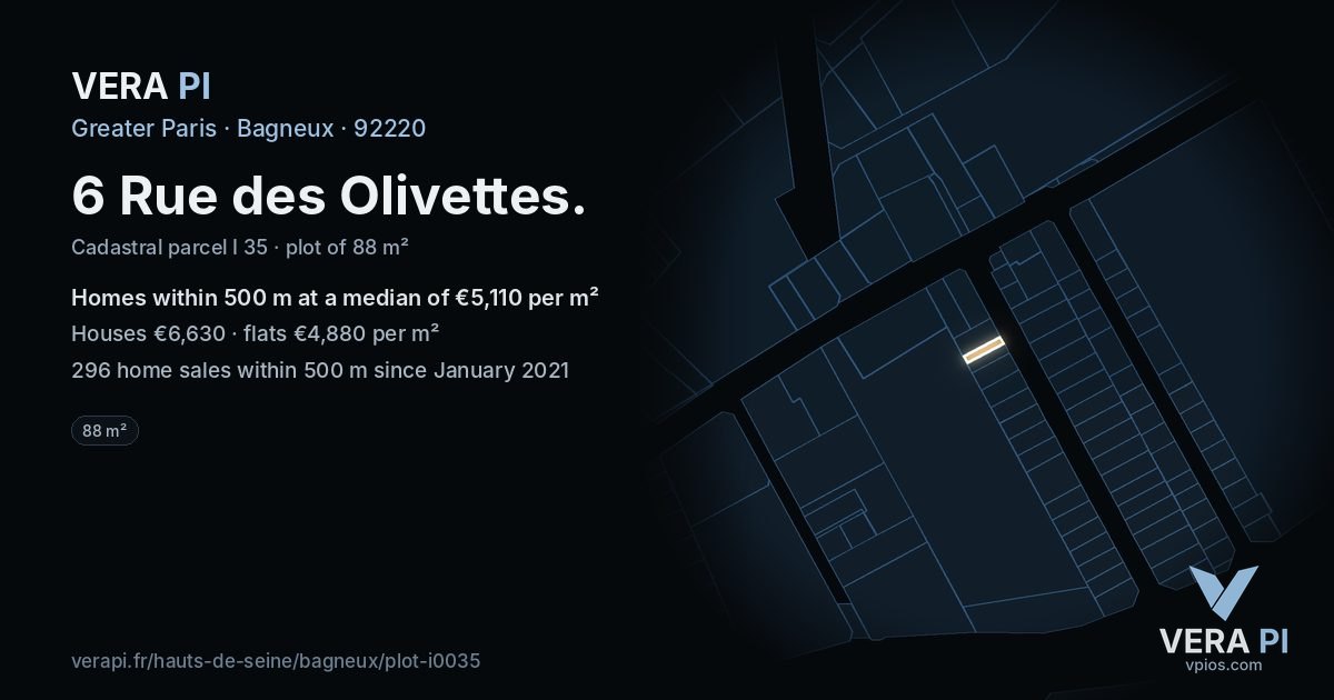 6 Rue des Olivettes, Bagneux at night – the plot lit, the parcels around coloured by the prices near them