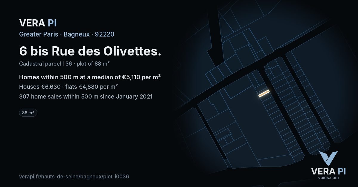 6 bis Rue des Olivettes, Bagneux at night – the plot lit, the parcels around coloured by the prices near them