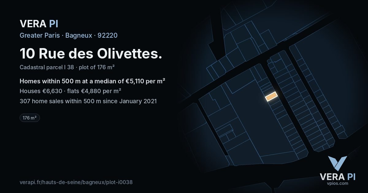 10 Rue des Olivettes, Bagneux at night – the plot lit, the parcels around coloured by the prices near them