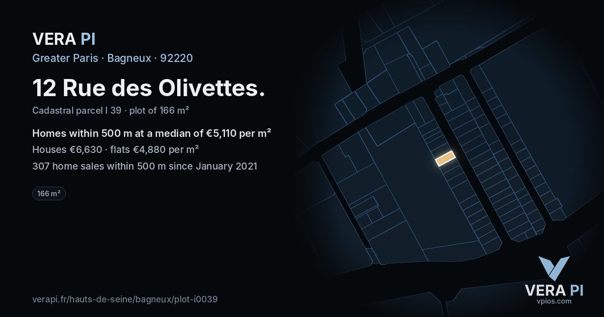 12 Rue des Olivettes, Bagneux at night – the plot lit, the parcels around coloured by the prices near them