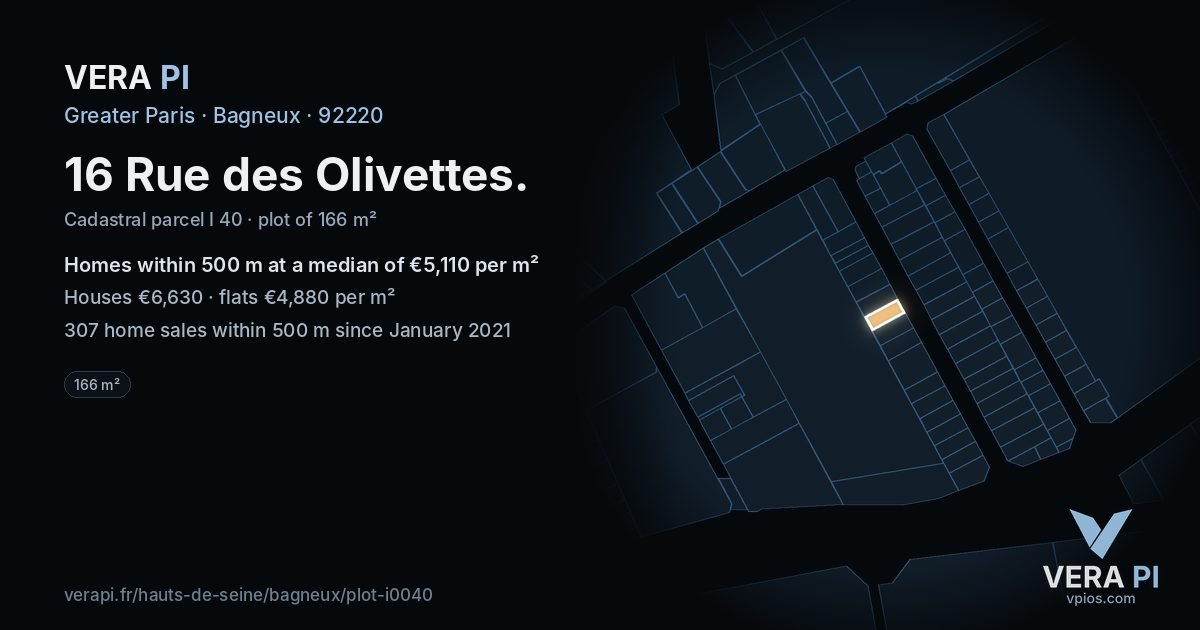 16 Rue des Olivettes, Bagneux at night – the plot lit, the parcels around coloured by the prices near them